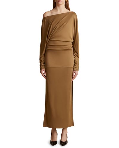 Khaite Junet Ruched Asymmetric Long Sleeve One-shoulder Dress - Natural