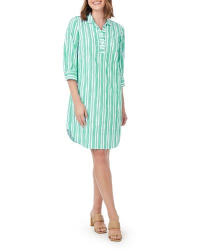 Foxcroft Sloane Beach Stripe Popover Shirtdress - Green