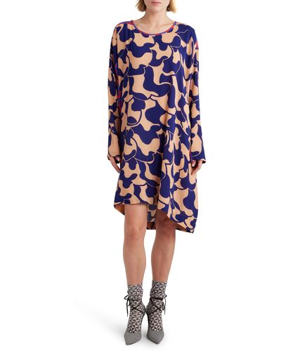 Dries Van Noten Mixed Abstract Print Asymmetric Long Sleeve Shift Dress - Blue