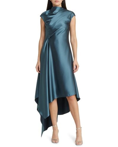 Amsale Drape Asymmetric Hem Satin Cocktail Dress - Blue