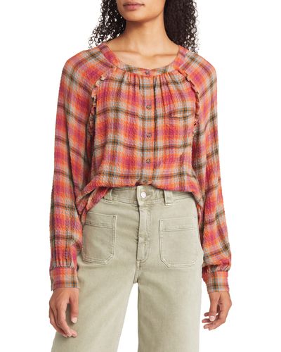 Beach Lunch Lounge Plaid Crinkle Texture Blouse - Red