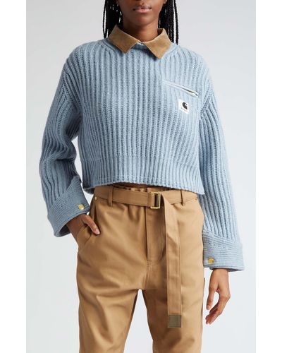 Sacai Carhartt Wip Wool Blend Crop Sweater - Blue