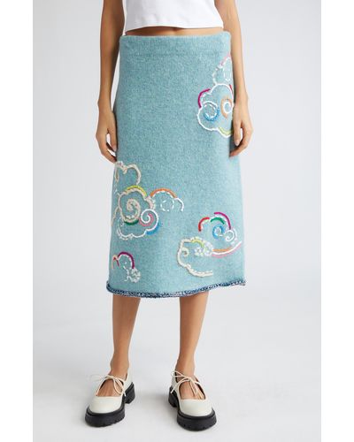 YANYAN Cloud Embroidered Wool Blend Skirt - Blue