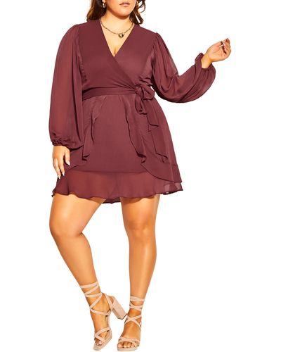 City Chic Delicate Fling Long Sleeve Faux Wrap Dress - Red