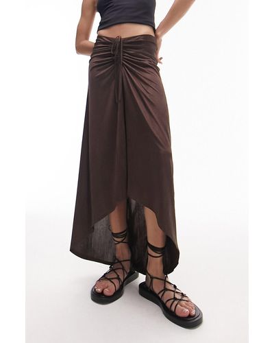 TOPSHOP Textured Slinky Ruched Front Jersey Midi Skirt - Brown