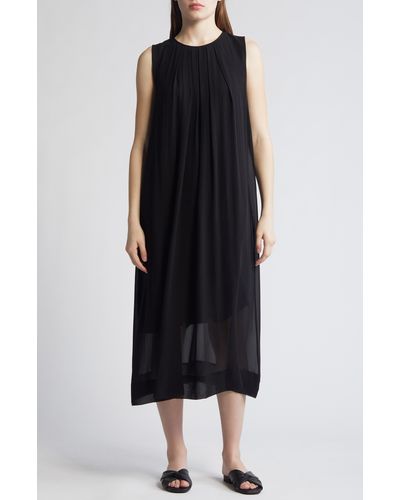Eileen Fisher Pleated Jewel Neck Silk Midi Shift Dress - Black