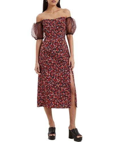 French Connection Clara Floral Off The Shoulder Puff Sleeve Dress - Red