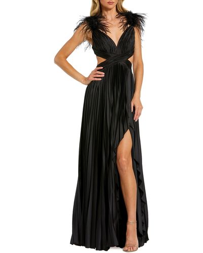 Mac Duggal Feather Detail Cutout Pleated Gown - Black