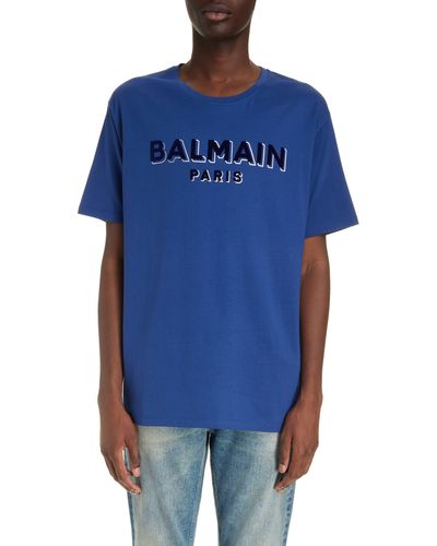 Balmain Flock & Foil Logo Graphic T-shirt - Blue