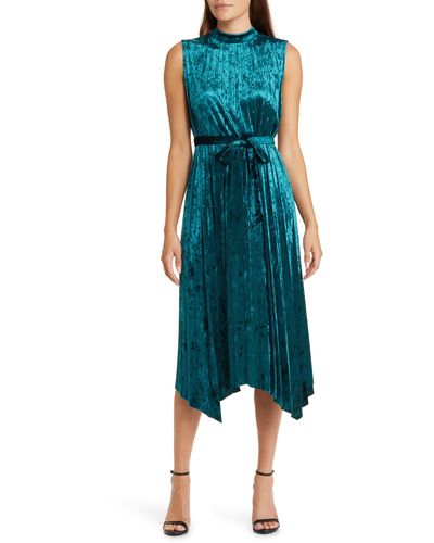 Tahari Pleated Velvet Midi Dress - Blue