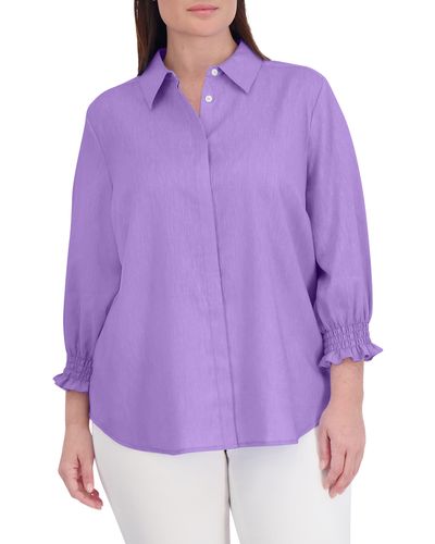 Foxcroft Olivia Bracelet Sleeve Hidden Placket Linen Blend Top - Purple