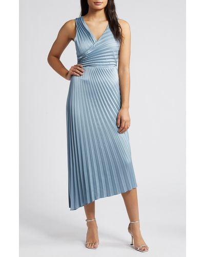 Sam Edelman Pleated Asymmetric Hem Satin Dress - Blue