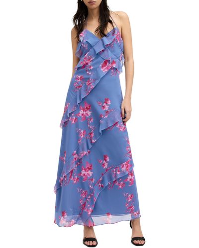 AllSaints Marina Iona Floral Halter Maxi Dress - Blue