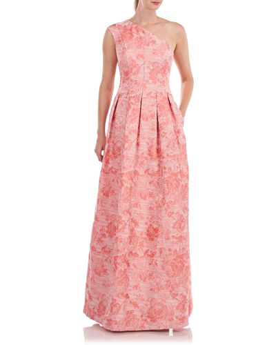 Kay Unger Cara Pleated One-shoulder Jacquard Gown - Pink