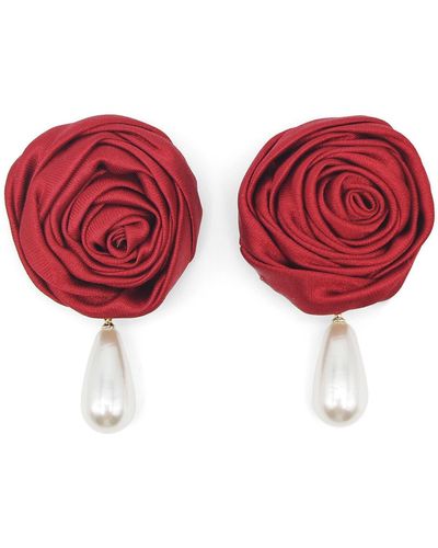 petit moments Rosette Imitation Pearl Drop Earrings - Red
