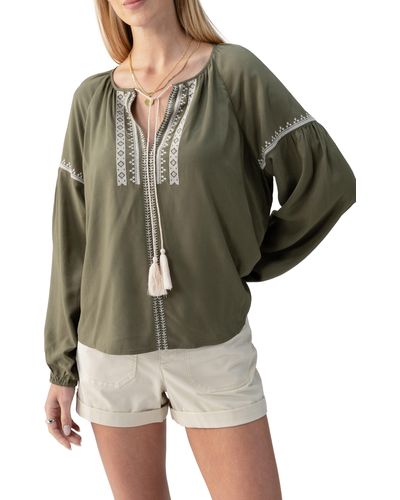 Sanctuary Embroidered Tie Neck Top - Green