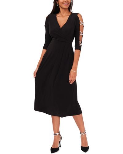 Chaus Rhinestone Sleeve Wrap Front Knit Midi Dress - Black