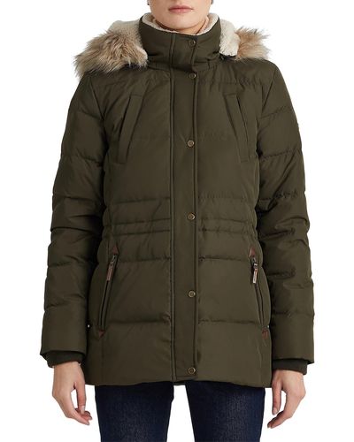 Lauren by Ralph Lauren Icon Down & Feather Puffer With Faux Fur Trim Hood - Green