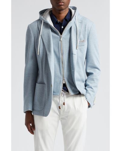 Eleventy Cotton & Cashmere Twill Blazer With Removable Hooded Bib - Blue