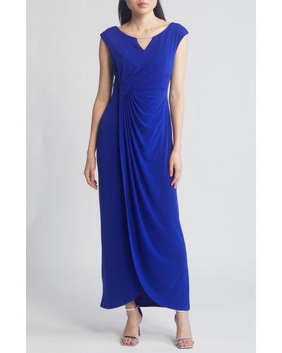 Connected Apparel Crystal Notch Side Ruched Gown - Blue