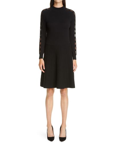 Lela Rose Braided Detail Long Sleeve Wool & Silk Blend Sweater Dress - Black
