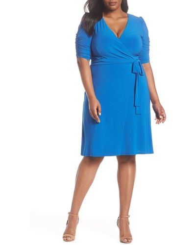 Eliza J Ruched Sleeve Faux Wrap Dress - Blue