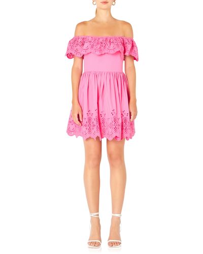 Endless Rose Scalloped Off The Shoulder Broderie Anglaise Dress - Pink