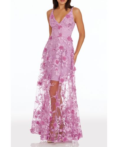 Dress the Population Sidney Deep V-neck 3d Lace Gown - Purple