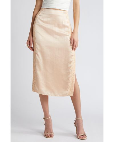 Open Edit Lace Panel Satin Skirt - Natural