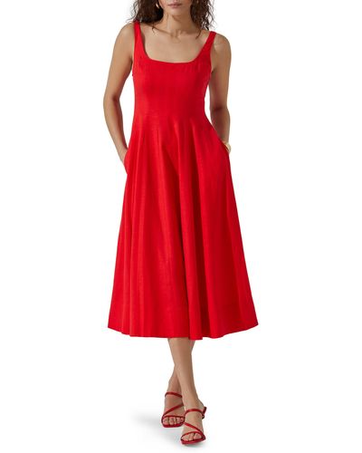 Astr Square Neck Midi Dress - Red