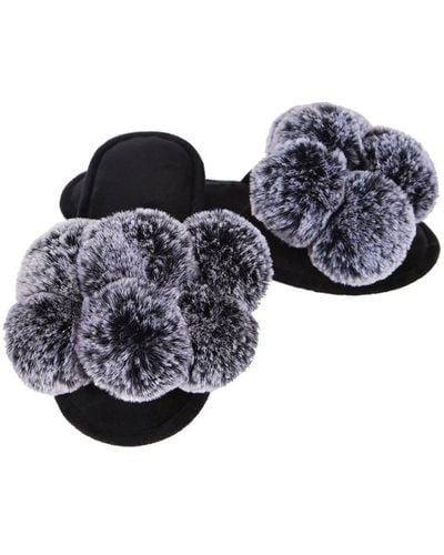 Memoi Luxe Faux Fur Pom Memory Foam Slipper - Black