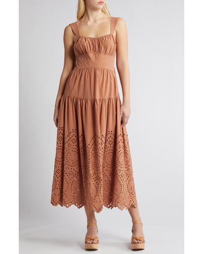 Moon River Eyelet Cotton Midi Sundress - Brown