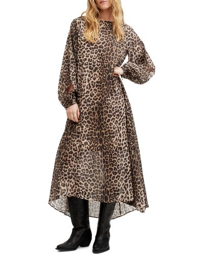 AllSaints Jane Long Sleeve Leopard Print Dress - Natural