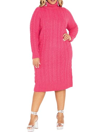 City Chic Kenzi Cable Knit Turtleneck Sweater Dress - Pink