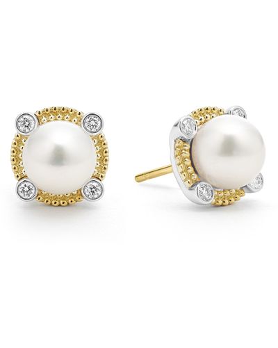 Lagos Luna Pearl & Diamond Stud Earrings - Metallic