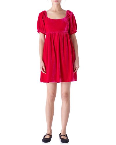 English Factory Puff Sleeve Velvet Babydoll Dress - Red
