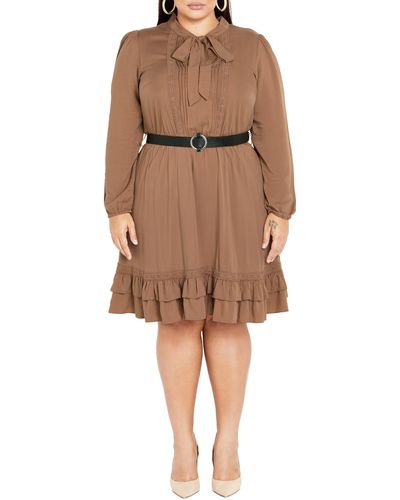 City Chic Precious Tie Neck Belted Long Sleeve Dress - Brown