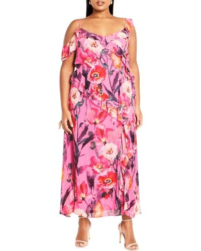City Chic Love Floral Ruffle Cold Shoulder Maxi Dress - Pink