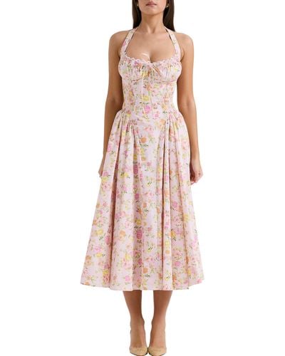 House Of Cb Adabella Floral Pleated Halter Sundress - Natural