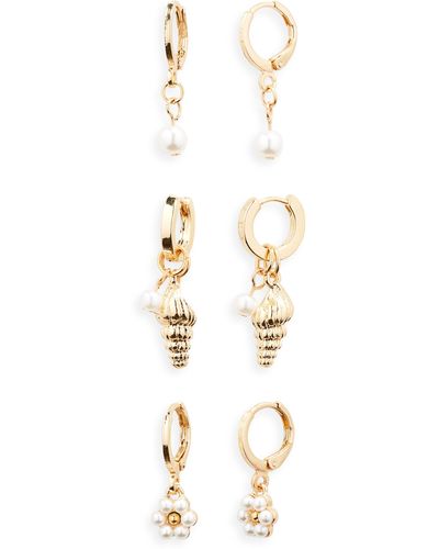 BP. Set Of 3 Imitation Pearl Shell huggie Hoop Earrings - White