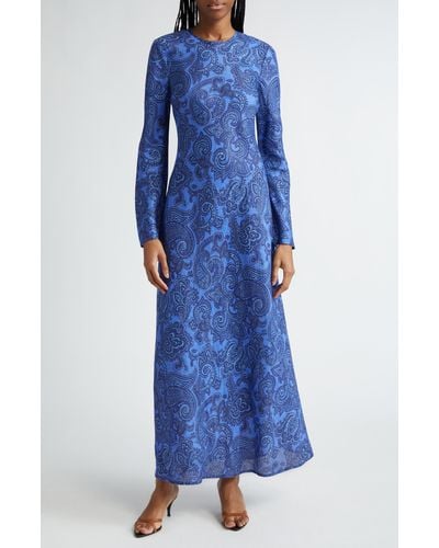 Zimmermann Ottie Paisley Long Sleeve Open Back Linen Maxi Dress - Blue