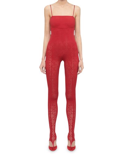 Wolford Intricate Sheer Pattern Thong Stirrup Jumpsuit - Red