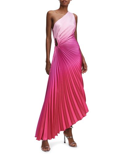Mango Ombré One-shoulder Side Cutout Pleated Dress - Pink