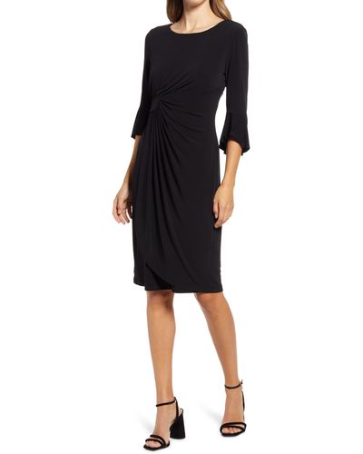 Connected Apparel Ruched Bell Sleeve Faux Wrap Cocktail Dress - Black