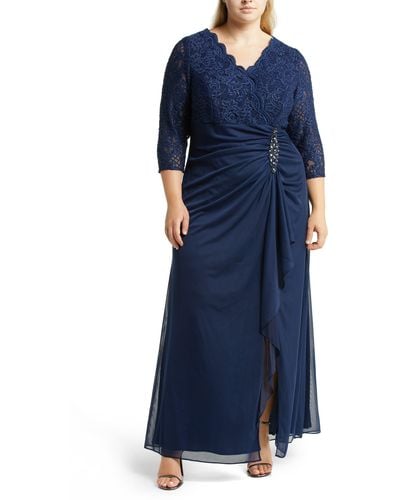 Alex Evenings Beaded Lace Bodice Empire Waist Gown - Blue