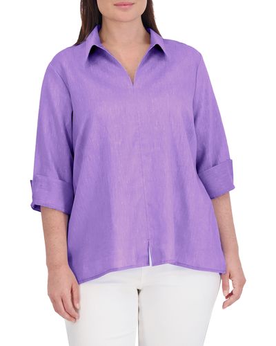 Foxcroft Agnes Three-quarter Sleeve Linen Blend Top - Purple