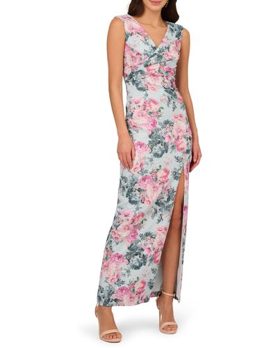 Adrianna Papell Floral Jacquard Metallic Sleeveless Gown - Red