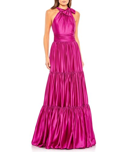Mac Duggal Bow Detail Tiered Satin A-line Gown - Pink