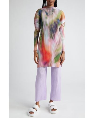 Pleats Please Issey Miyake Abstract Print Pleated Long Sleeve Dress - Multicolor