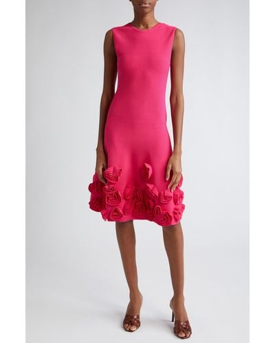 Lela Rose Penelope Floral Appliqué Knit Dress - Red
